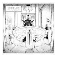 a black and white image of a table with people sitting around it