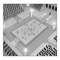 a black and white drawing of a chess board in an arena