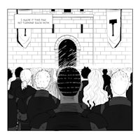 a black and white image of a crowd in front of a castle